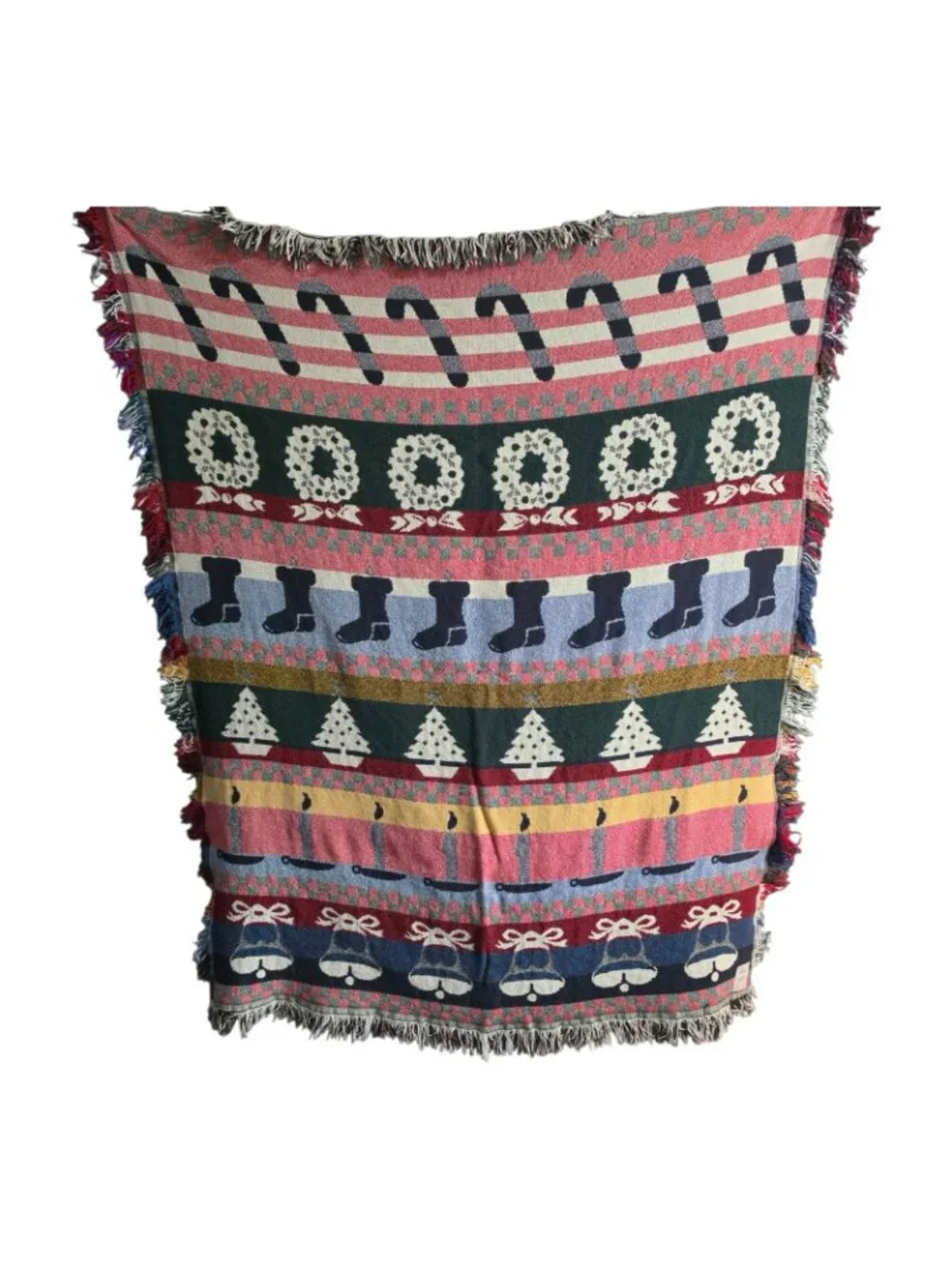 Holiday Christmas Throw Blanket Candy Cane Stocking Wreath Tree Bell Candle